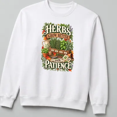 Illustrative botanical shirt with a herb garden and text about patience — printed on a unisex sweatshirt