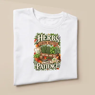 Illustrative botanical shirt with a herb garden and text about patience — printed on a unisex t-shirt (angled view)