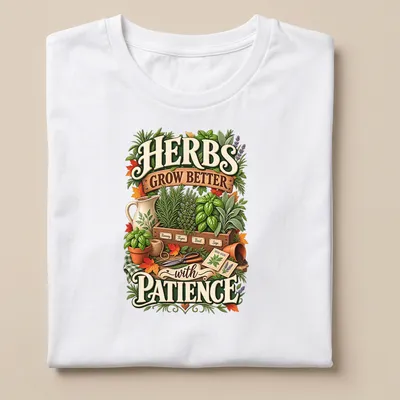 Illustrative botanical shirt with a herb garden and text about patience