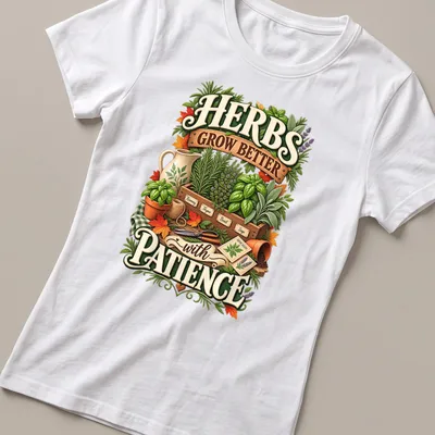 Illustrative botanical shirt with a herb garden and text about patience — printed on a women's shirt