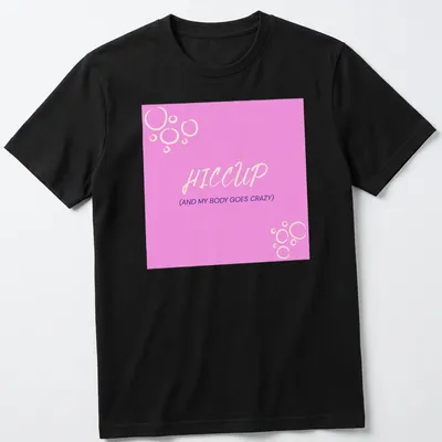 Playful Hiccup tee featuring colorful bubbles and humorous text design.