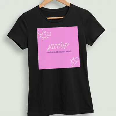 Playful Hiccup tee featuring colorful bubbles and humorous text design. — printed on a women's shirt