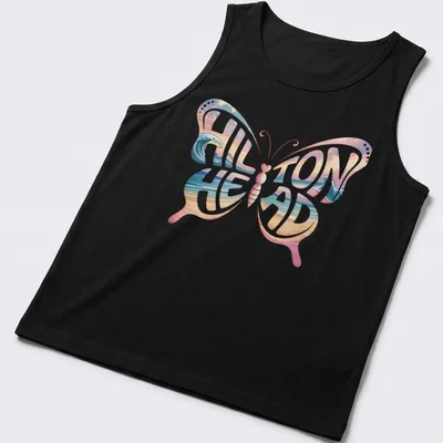 Vintage style t-shirt featuring a butterfly and ocean waves with Hilton Head text — printed on a tank top