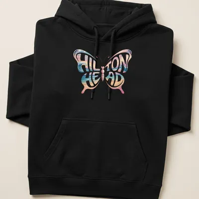 Vintage style t-shirt featuring a butterfly and ocean waves with Hilton Head text — printed on a unisex hoodie