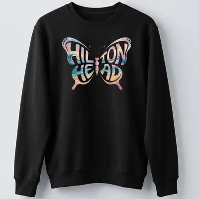 Vintage style t-shirt featuring a butterfly and ocean waves with Hilton Head text — printed on a unisex sweatshirt