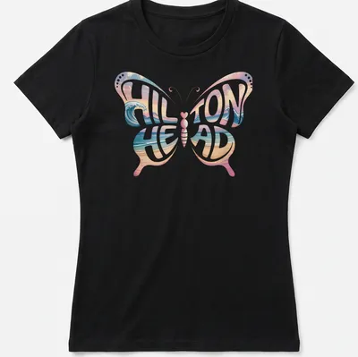 Vintage style t-shirt featuring a butterfly and ocean waves with Hilton Head text — printed on a women's shirt