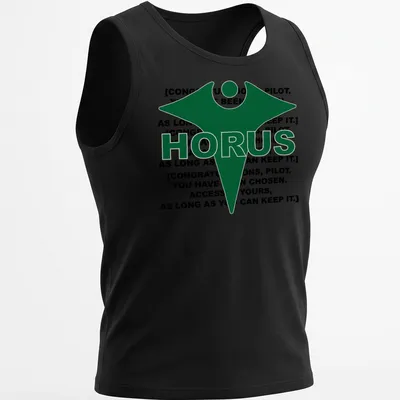 Bold graphic T-shirt featuring the Horus logo and prominent text — printed on a tank top