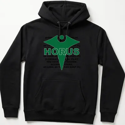 Bold graphic T-shirt featuring the Horus logo and prominent text — printed on a unisex hoodie