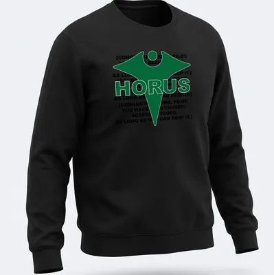 Bold graphic T-shirt featuring the Horus logo and prominent text — printed on a unisex sweatshirt