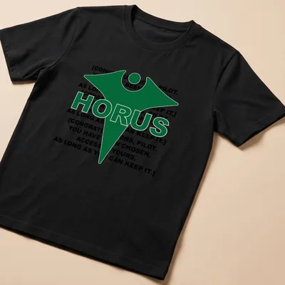 Bold graphic T-shirt featuring the Horus logo and prominent text