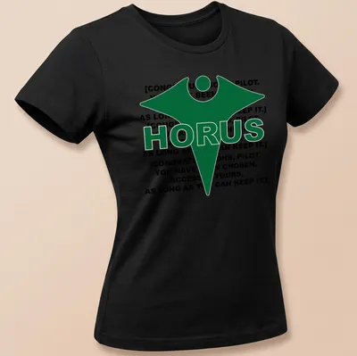 Bold graphic T-shirt featuring the Horus logo and prominent text — printed on a women's shirt