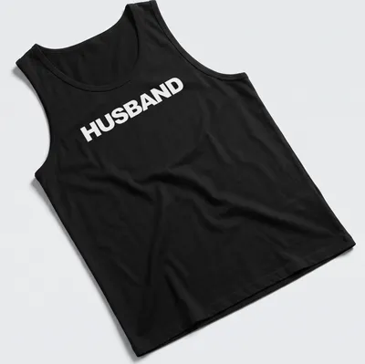 Bold typographic statement t-shirt with the word Husband in white. — printed on a tank top