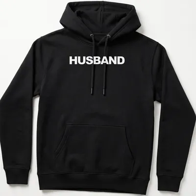 Bold typographic statement t-shirt with the word Husband in white. — printed on a unisex hoodie