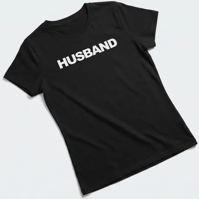 Bold typographic statement t-shirt with the word Husband in white. — printed on a women's shirt