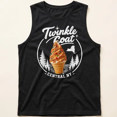 Playful ice cream cone graphic with colorful text for Central NY — printed on a tank top
