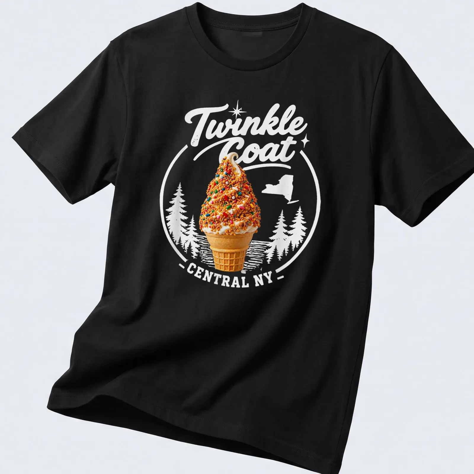 Playful ice cream cone graphic with colorful text for Central NY — printed on a unisex t-shirt