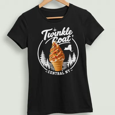 Playful ice cream cone graphic with colorful text for Central NY — printed on a women's shirt