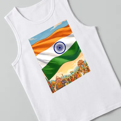 Vibrant illustration featuring the Indian flag and people celebrating with bold lettering — printed on a tank top