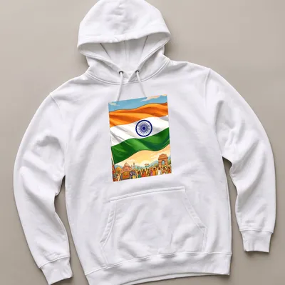 Vibrant illustration featuring the Indian flag and people celebrating with bold lettering — printed on a unisex hoodie
