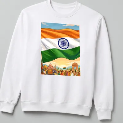 Vibrant illustration featuring the Indian flag and people celebrating with bold lettering — printed on a unisex sweatshirt