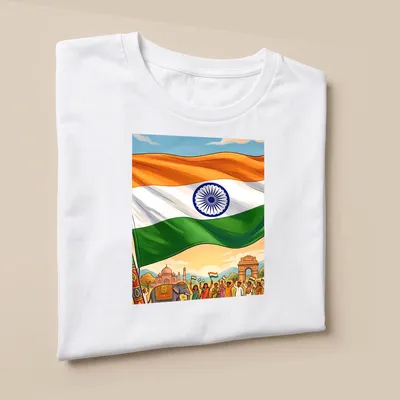 Vibrant illustration featuring the Indian flag and people celebrating with bold lettering — printed on a unisex t-shirt (angled view)