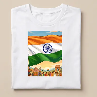 Vibrant illustration featuring the Indian flag and people celebrating with bold lettering