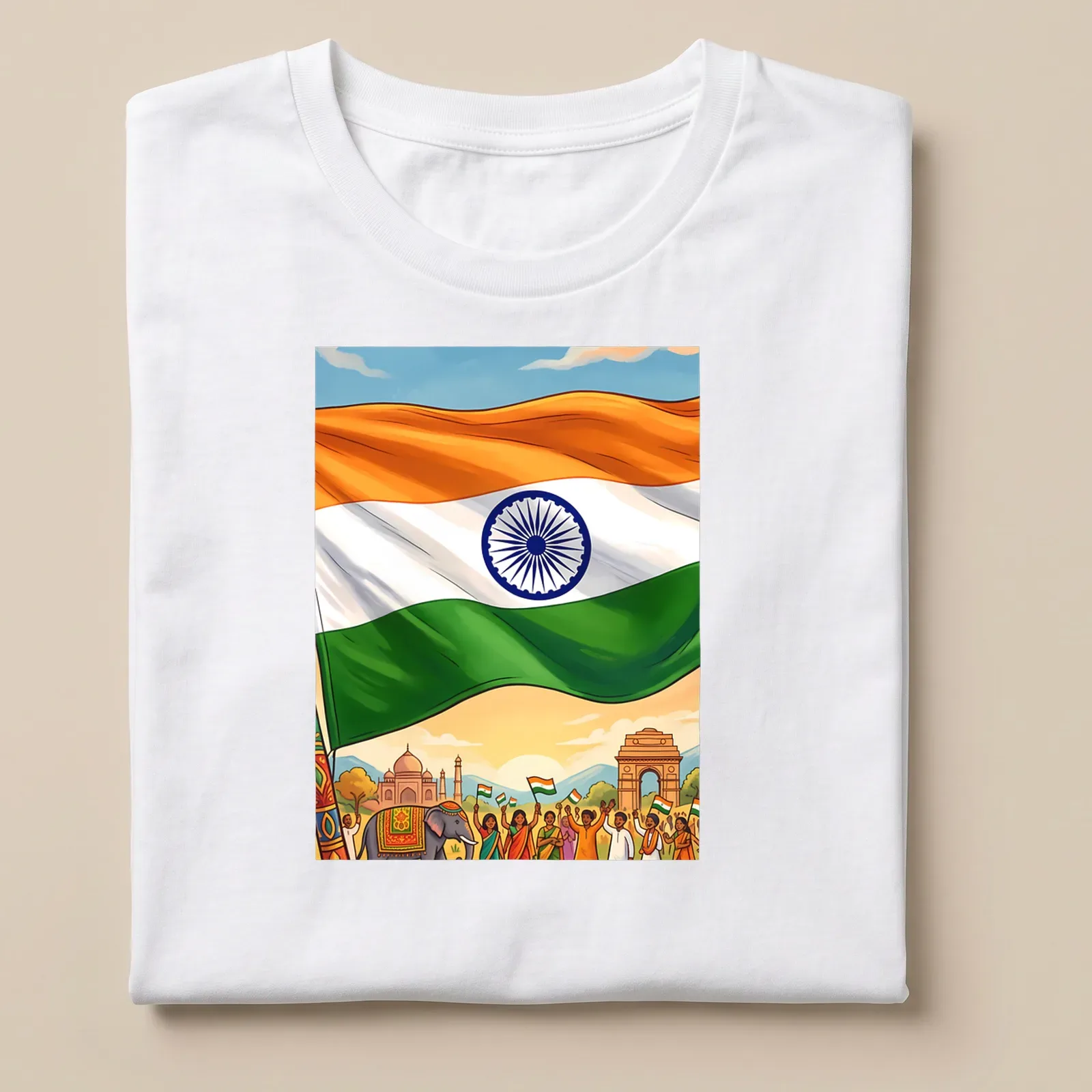 Vibrant illustration featuring the Indian flag and people celebrating with bold lettering — printed on a unisex t-shirt