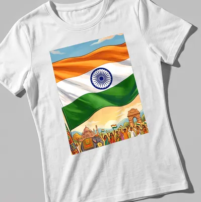 Vibrant illustration featuring the Indian flag and people celebrating with bold lettering — printed on a women's shirt