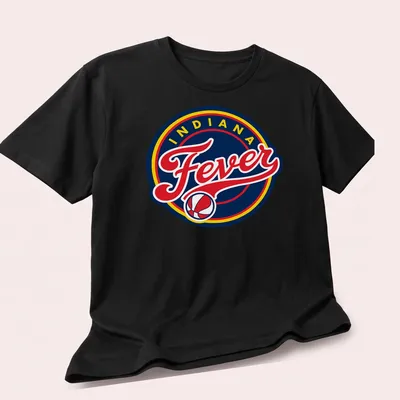 Retro Indiana Fever basketball logo t-shirt in navy, red, and yellow. — printed on a unisex t-shirt (angled view)
