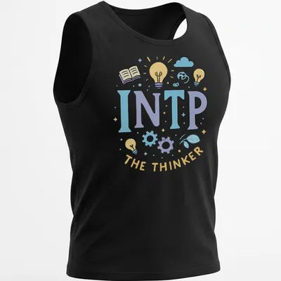 Playful illustration of INTP personality with light bulbs and gears in soft colors — printed on a tank top
