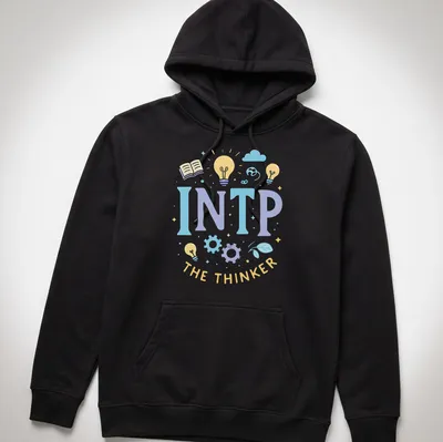 Playful illustration of INTP personality with light bulbs and gears in soft colors — printed on a unisex hoodie