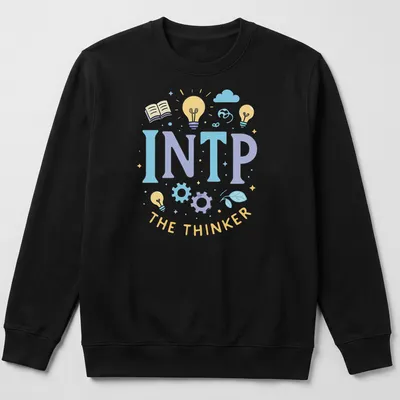 Playful illustration of INTP personality with light bulbs and gears in soft colors — printed on a unisex sweatshirt