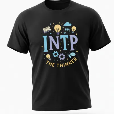 Playful illustration of INTP personality with light bulbs and gears in soft colors