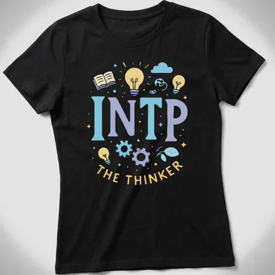 Playful illustration of INTP personality with light bulbs and gears in soft colors — printed on a women's shirt