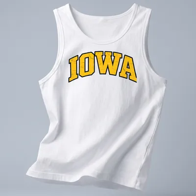 Distressed Iowa wordmark t-shirt in vintage college style with yellow and black colors — printed on a tank top