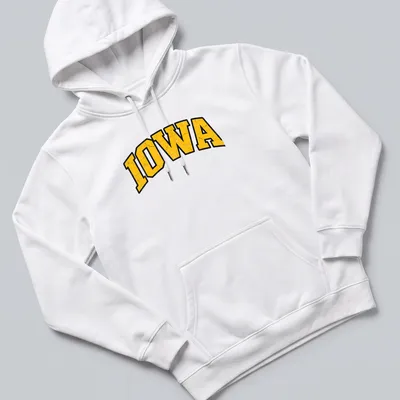 Distressed Iowa wordmark t-shirt in vintage college style with yellow and black colors — printed on a unisex hoodie