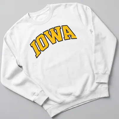 Distressed Iowa wordmark t-shirt in vintage college style with yellow and black colors — printed on a unisex sweatshirt