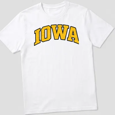 Distressed Iowa wordmark t-shirt in vintage college style with yellow and black colors