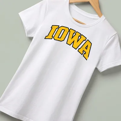 Distressed Iowa wordmark t-shirt in vintage college style with yellow and black colors — printed on a women's shirt