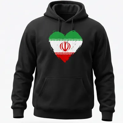 Distressed Iran flag in heart shape on a vintage style — printed on a unisex hoodie