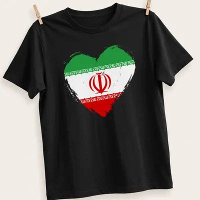 Distressed Iran flag in heart shape on a vintage style t-shirt
