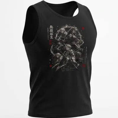 Abstract ink wash art featuring Isekai fantasy anime characters and Japanese text. — printed on a tank top