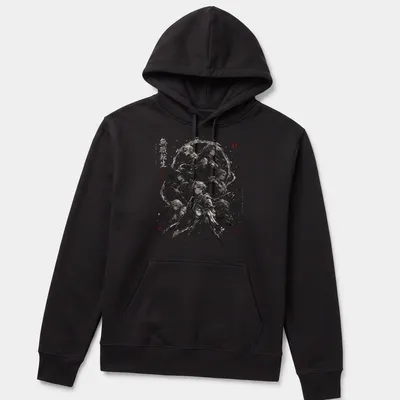 Abstract ink wash art featuring Isekai fantasy anime characters and Japanese text. — printed on a unisex hoodie