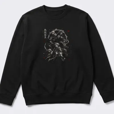 Abstract ink wash art featuring Isekai fantasy anime characters and Japanese text. — printed on a unisex sweatshirt