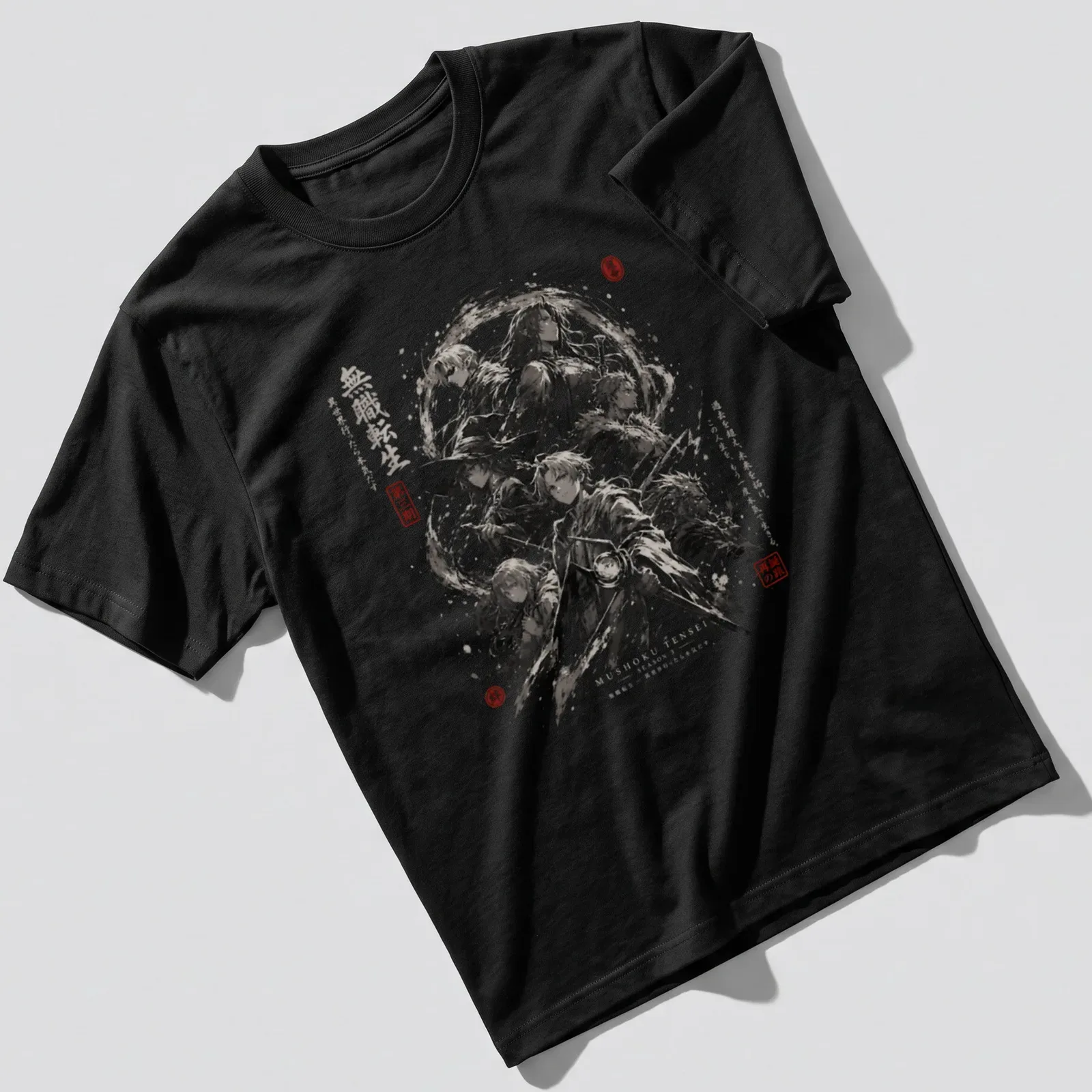 Abstract ink wash art featuring Isekai fantasy anime characters and Japanese text. — printed on a unisex t-shirt