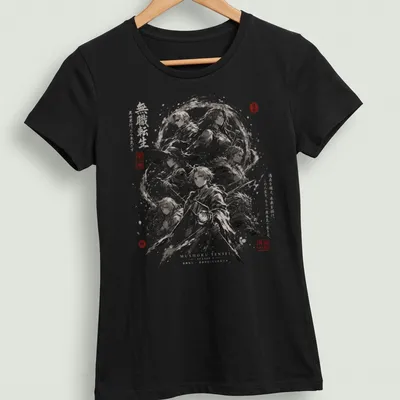 Abstract ink wash art featuring Isekai fantasy anime characters and Japanese text. — printed on a women's shirt