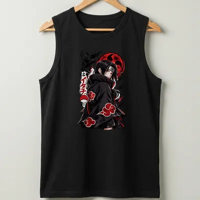 Illustration of Itachi Uchiha with red moon and crows in bold anime style. — printed on a tank top