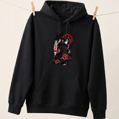 Illustration of Itachi Uchiha with red moon and crows in bold anime style. — printed on a unisex hoodie