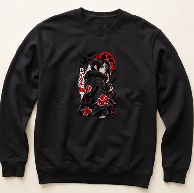 Illustration of Itachi Uchiha with red moon and crows in bold anime style. — printed on a unisex sweatshirt