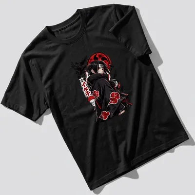 Illustration of Itachi Uchiha with red moon and crows in bold anime style. — printed on a unisex t-shirt